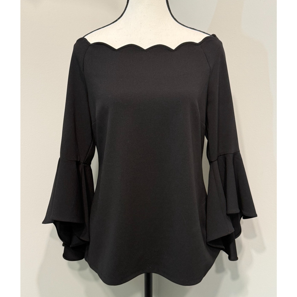 Prelude Women's Med. Scalloped Neckline Bell Sleeve Blouse‎ Witchy Dark Coquette